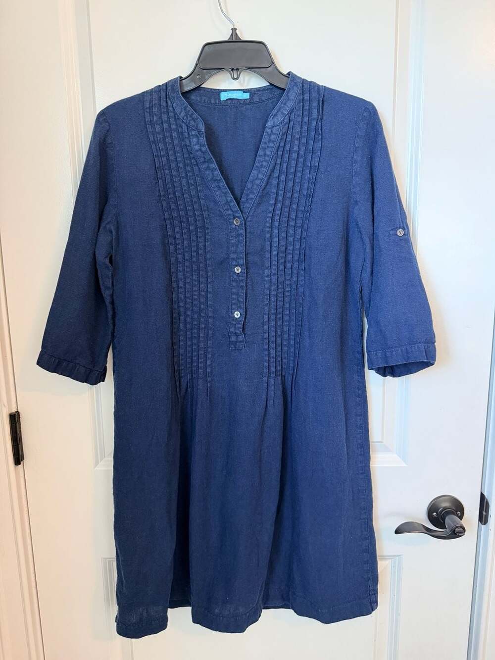 J.McLaughlin 100% Linen Pleated Tunic Dress Navy Blue Size XS